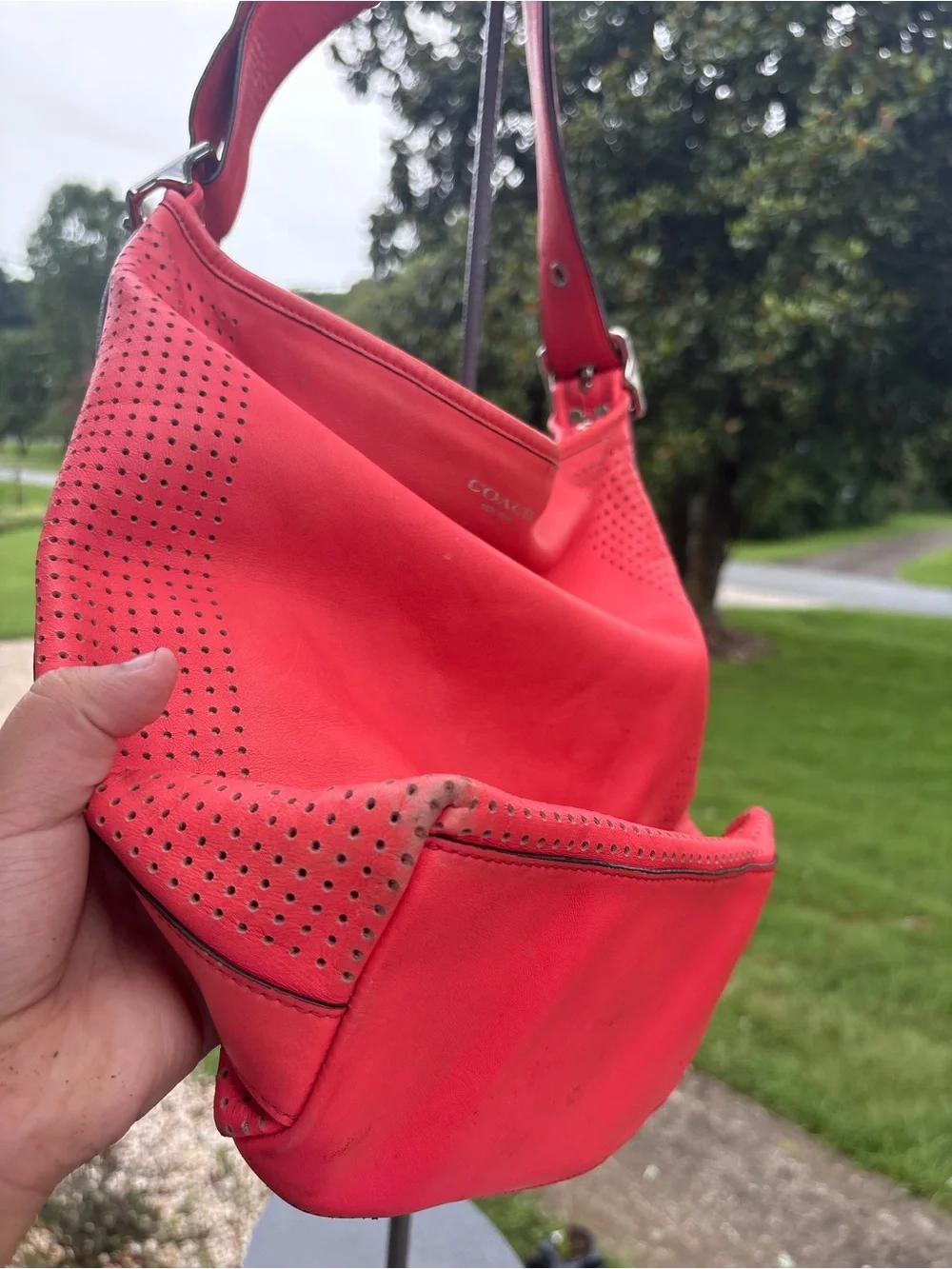 Coach Red Perforated Leather Shoulder Hobo